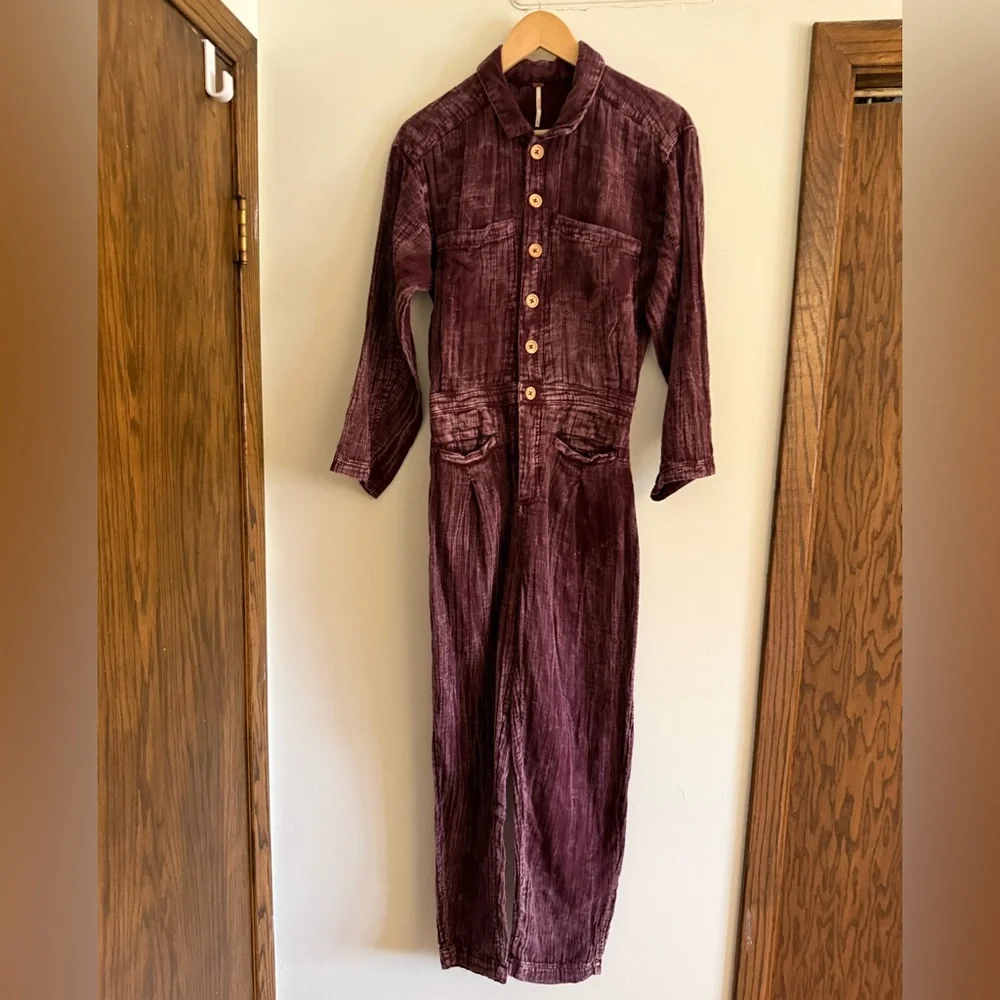 Free People Textured Button-Front Purple Jumpsuit in Plum Stone Washed Boho